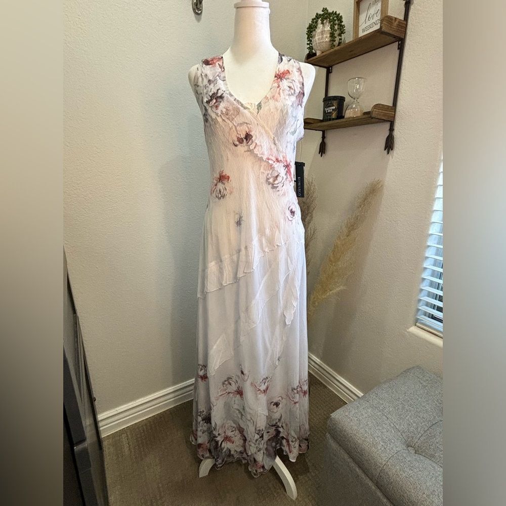 NWT- Komarov Ruffle Tiered Chiffon & Charmeuse Maxi Dress - Picture 3 of 8